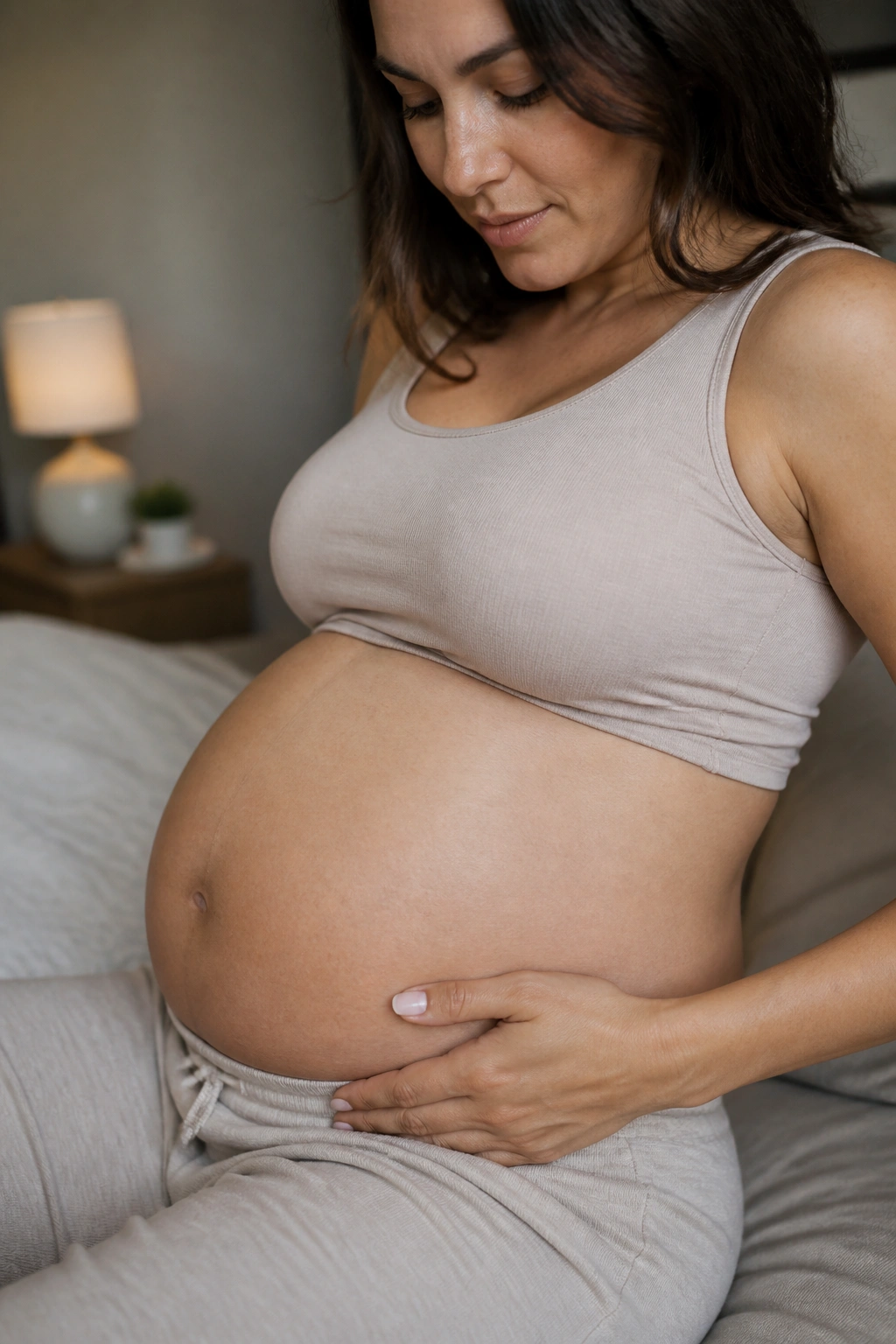 Pregnant person performing gentle pelvic floor contractions with exhale