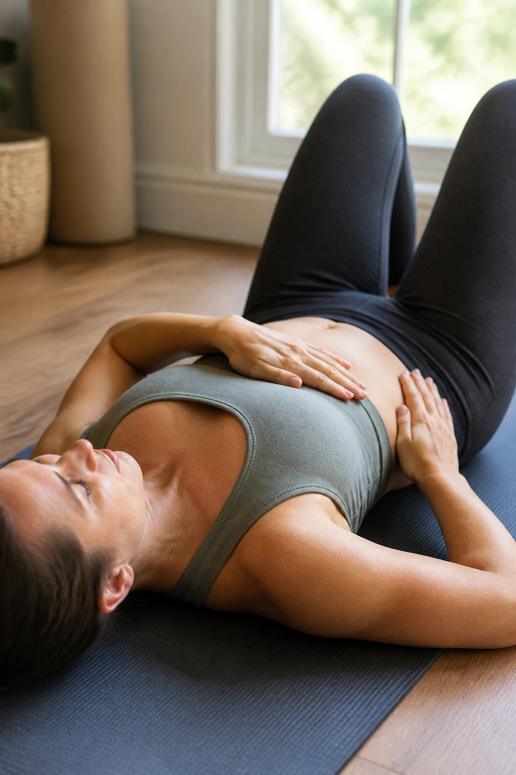 Mom on back with hands on belly practicing gentle pelvic floor engagement