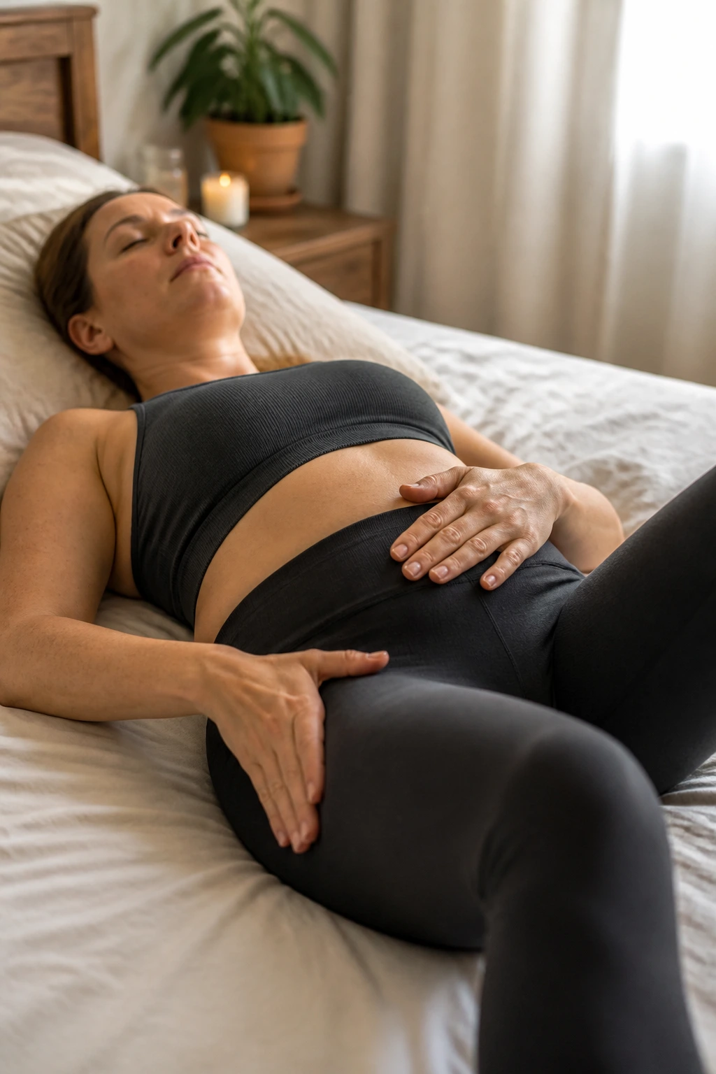 Postpartum woman relaxing the pelvic floor with softening and lengthening cues