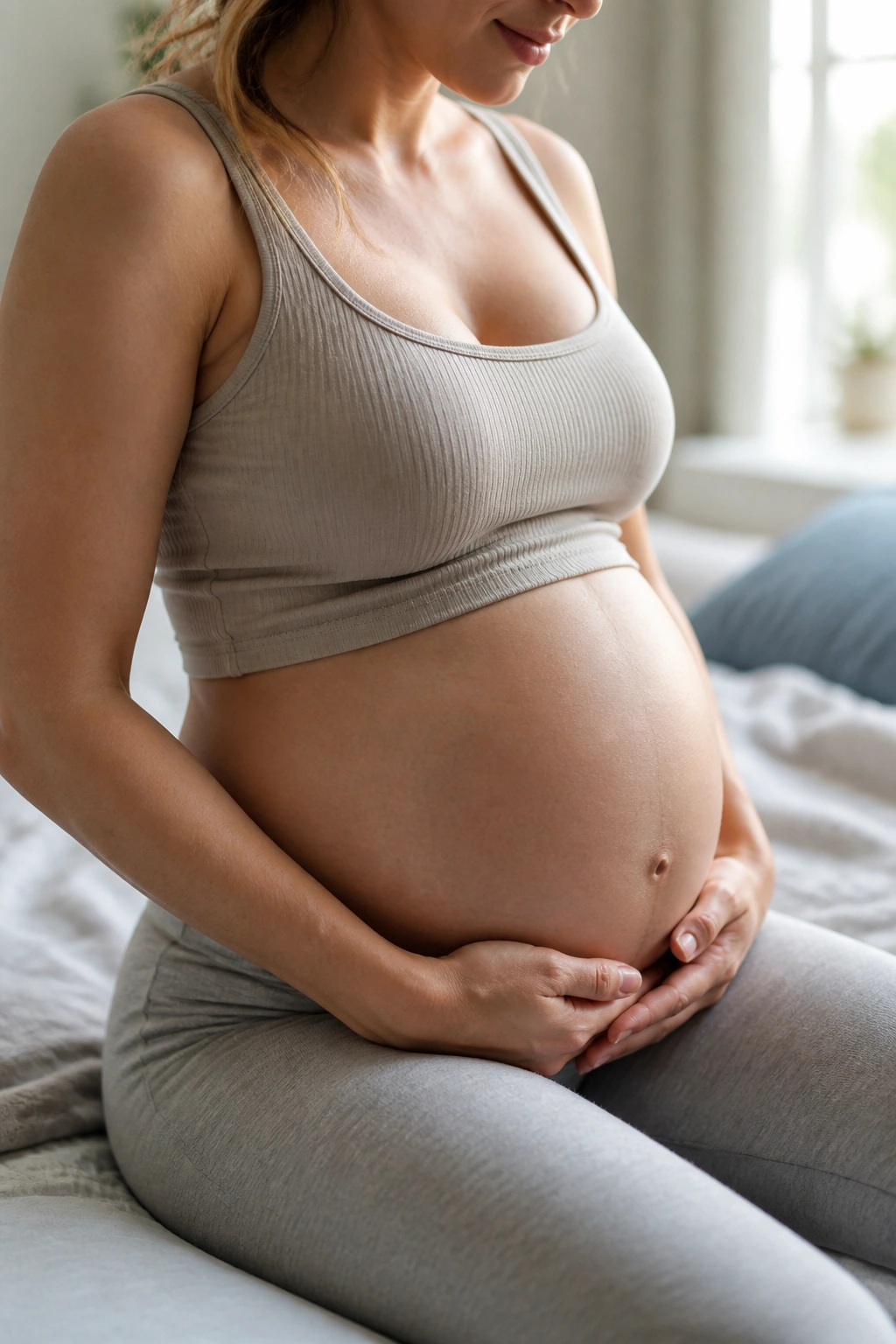 Close-up of pregnant woman's abdomen and pelvis with gentle touch to illustrate pelvic floor engagement