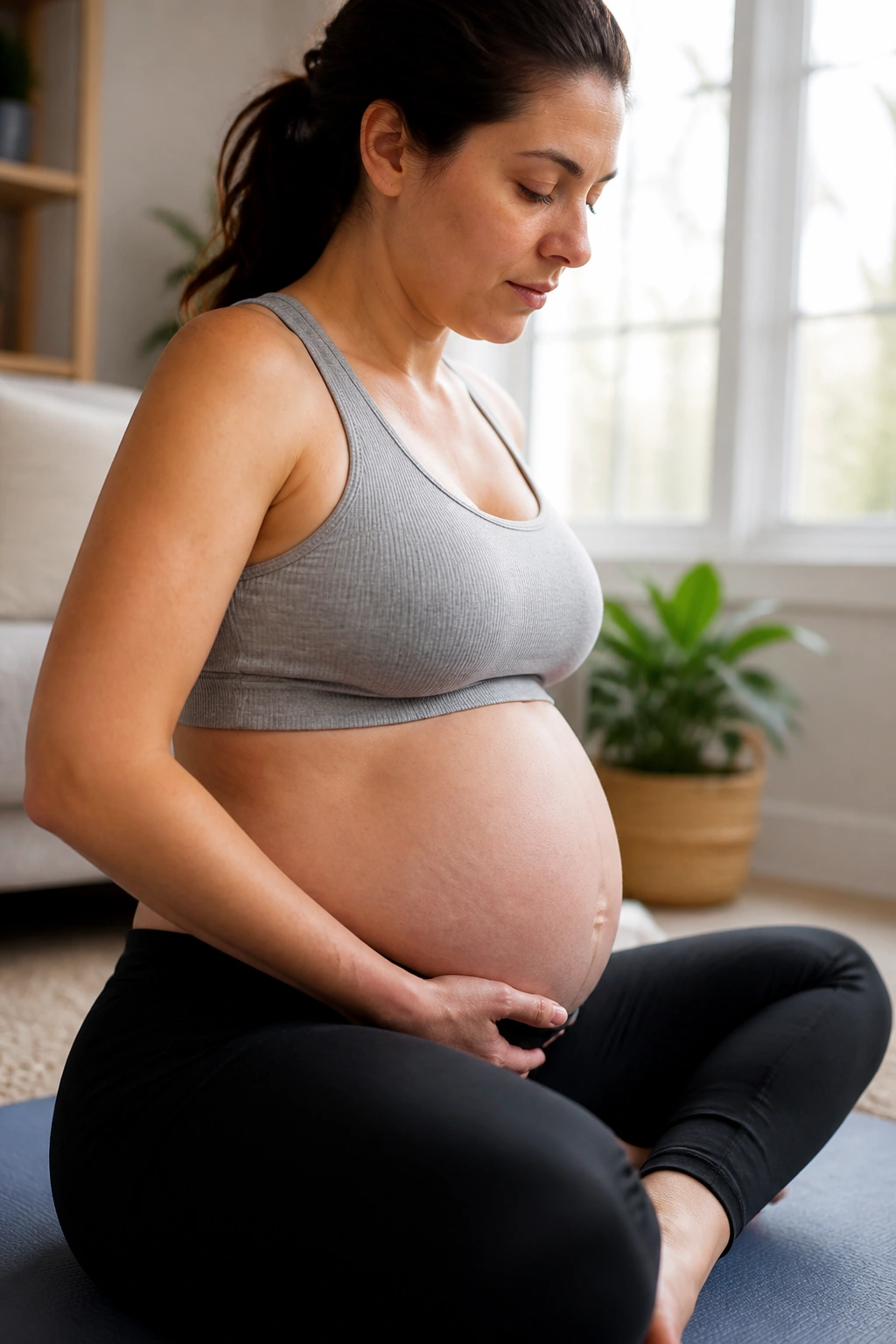 Pregnant person performing quick pelvic floor flicks with relaxed expression