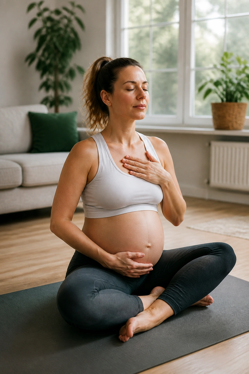 Pregnant woman doing relaxed pelvic floor exercise on a yoga mat