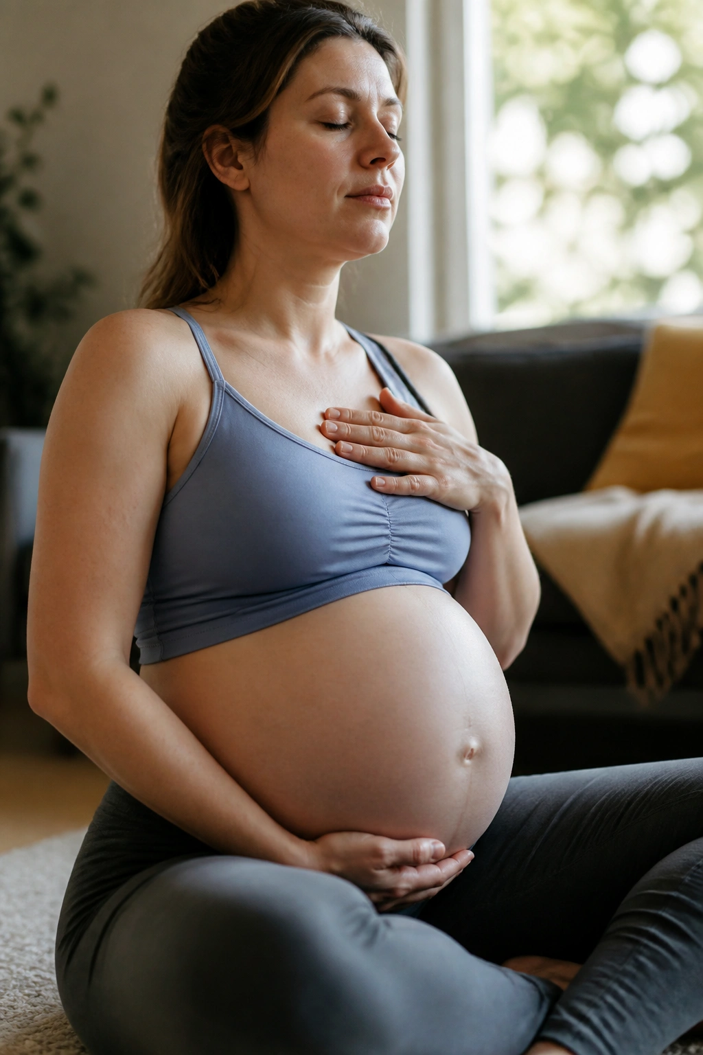 Pregnant person releasing pelvic floor on inhale with relaxed belly