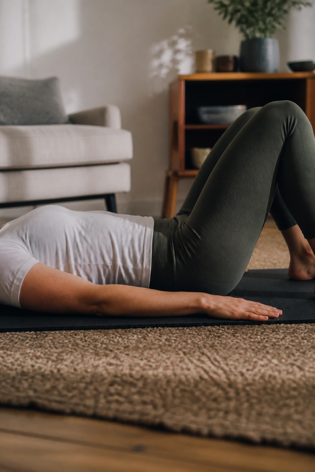 Person on the floor performing pelvic tilts, knees bent, in a cozy room