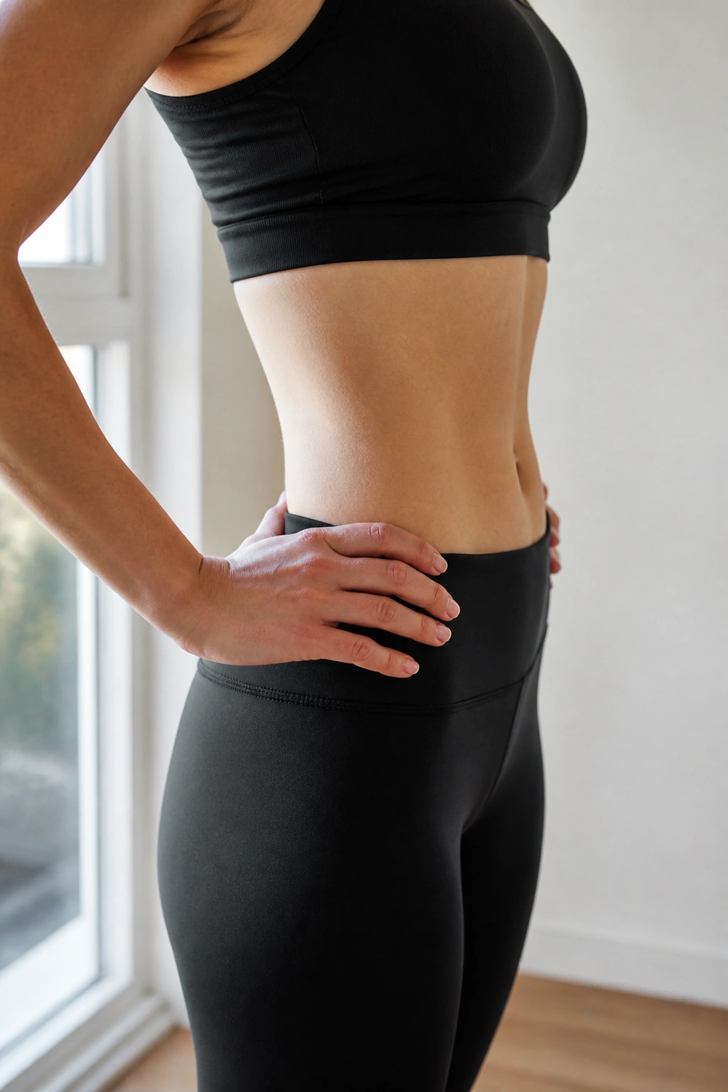 Side-profile of pelvis tilt engaging core muscles with hands on hips