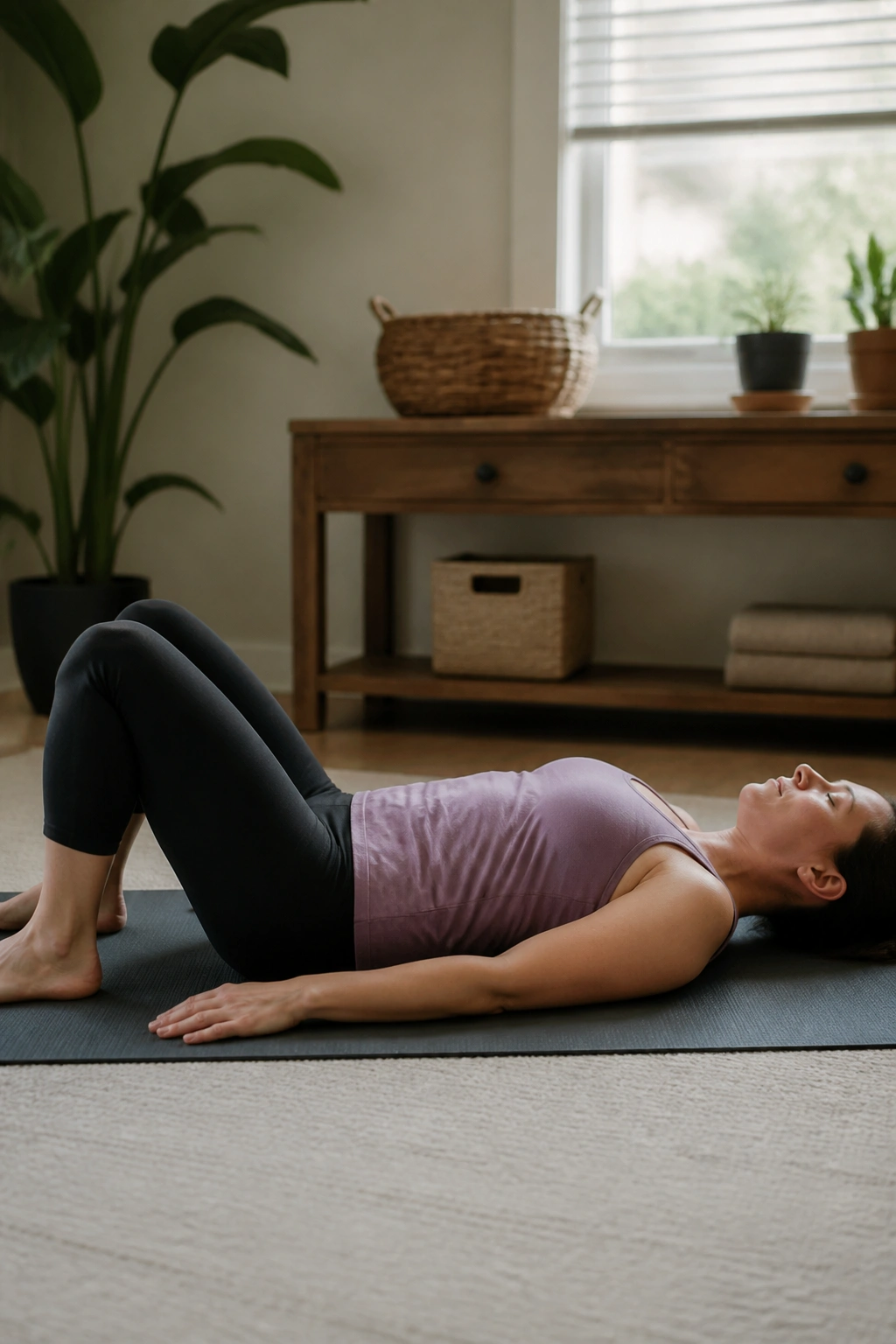 Close-up of hips and lower back during pelvic tilts on the floor in a home setting