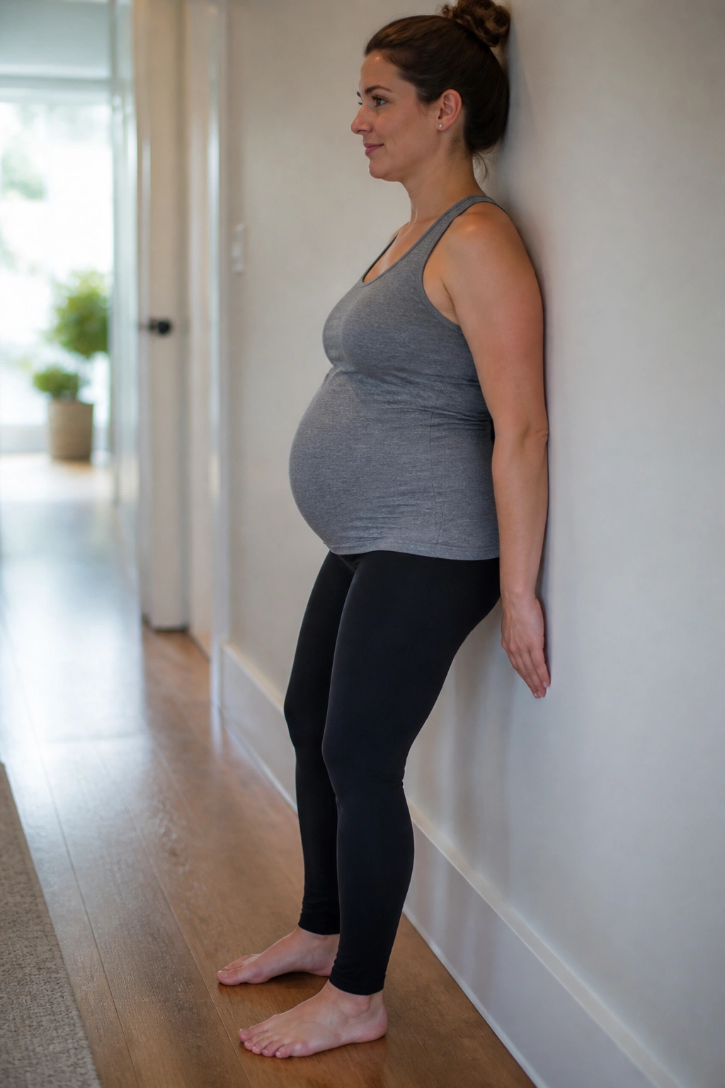 Person performing pelvic tilts against a wall