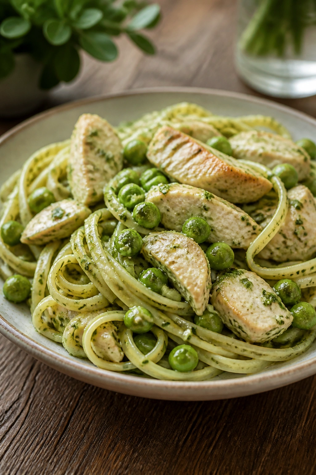 Plate of pesto pasta with peas and chicken on a rustic table
