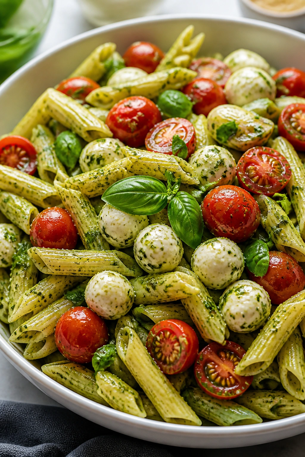 Close-up of pesto pasta salad with mozzarella pearls and tomatoes