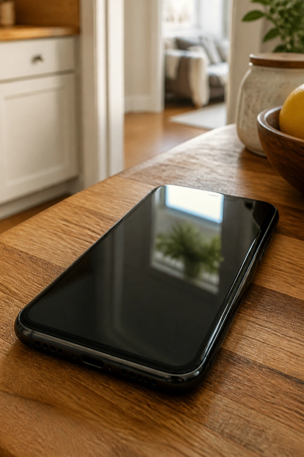Close-up of a smartphone on a kitchen counter with warm daylight and a blurred doorway in the background.