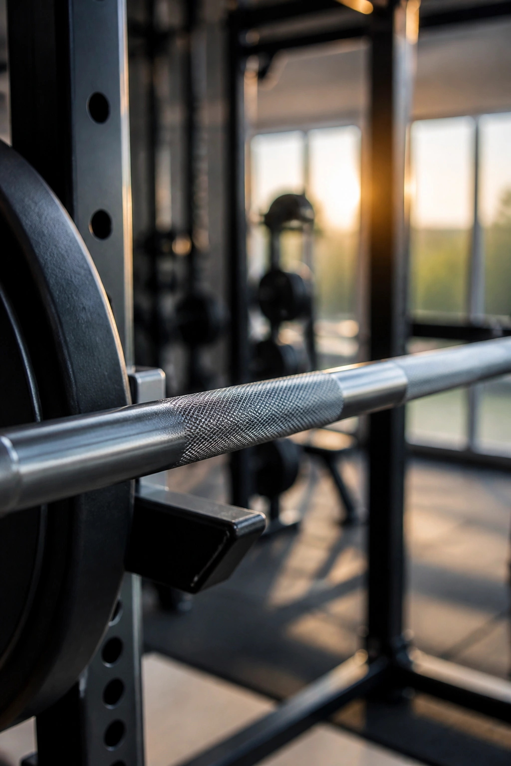 Close-up of a barbell in a gym representing the PHUL program