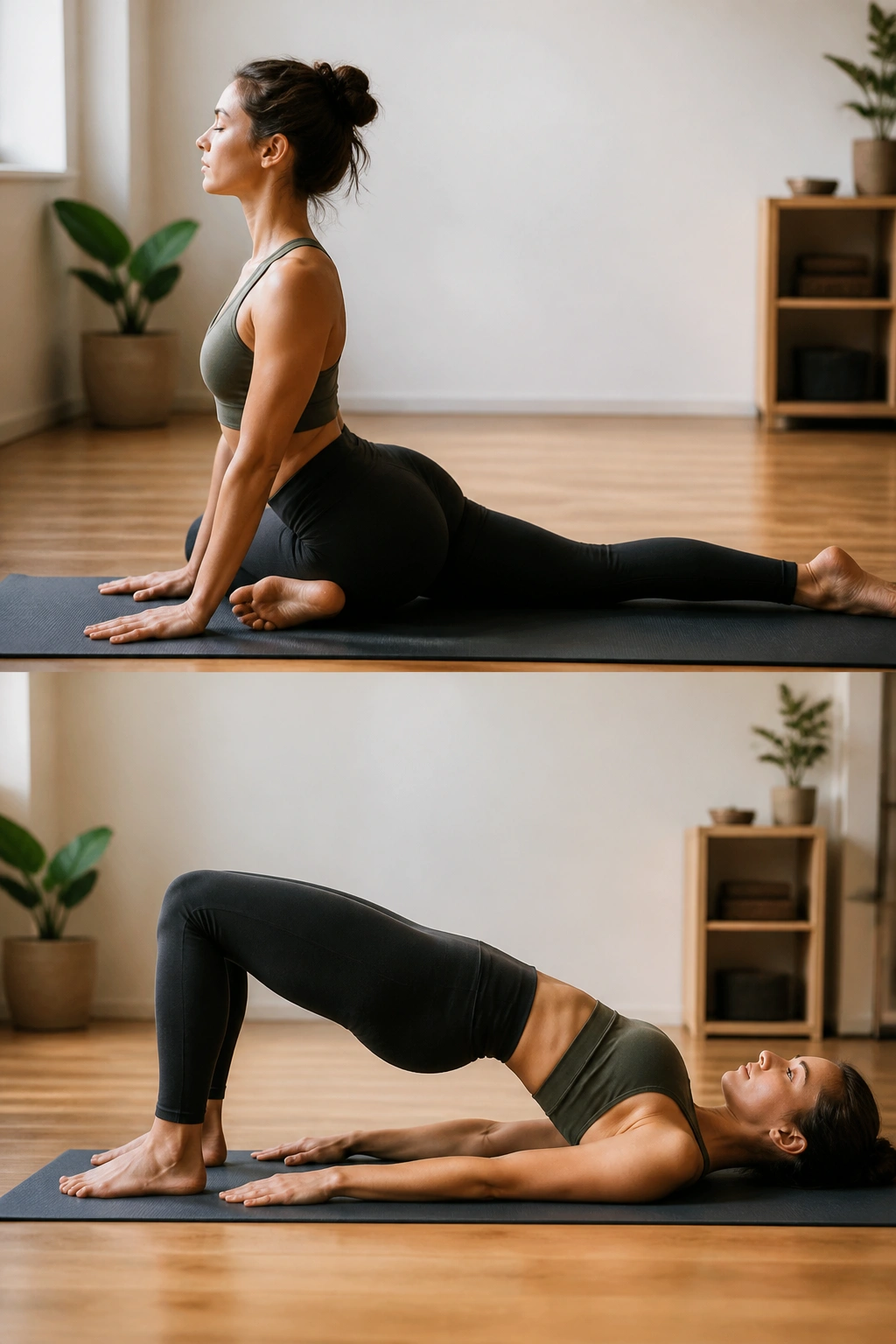 Medium close-up of a person transitioning from Pigeon Pose to Glute Bridge on a yoga mat in a calm home space.