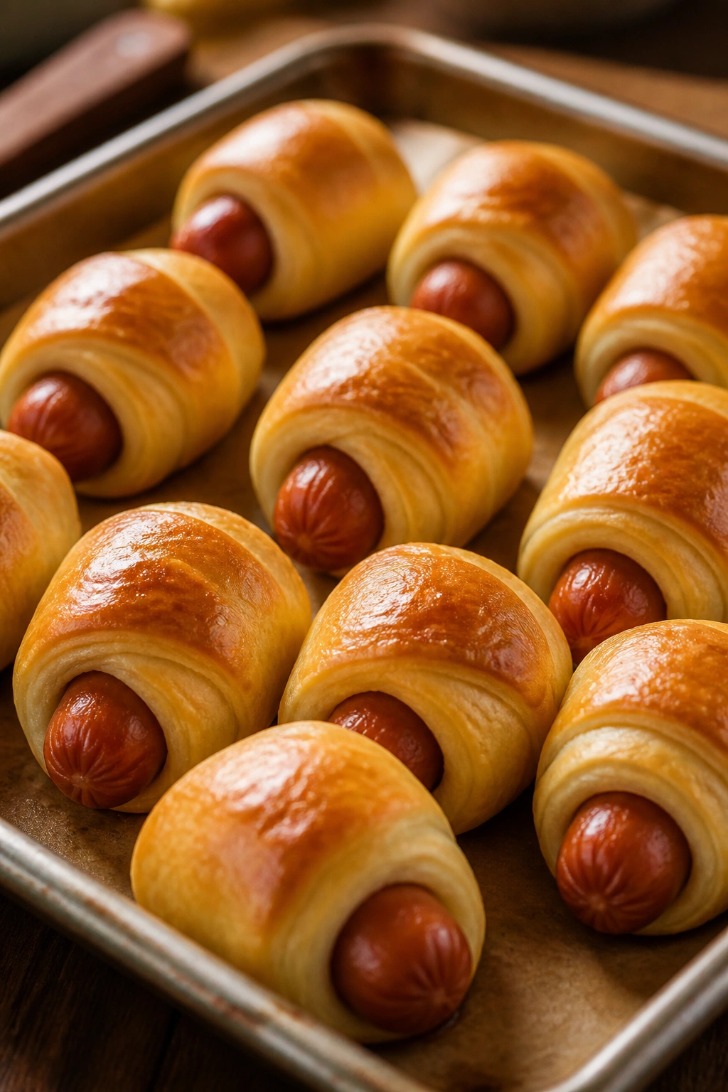 Golden pigs in a blanket arranged on a baking tray