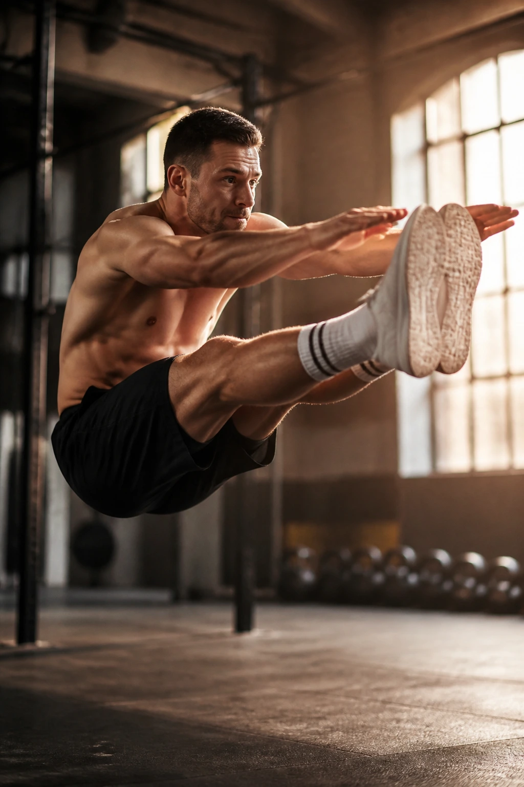 Athlete mid-air performing a pike jump with legs extended