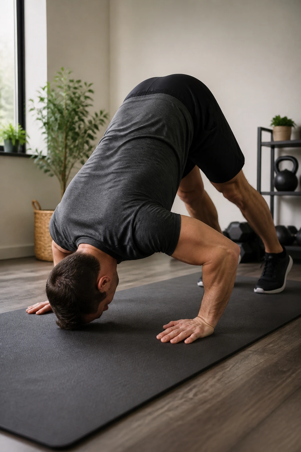 Side-angle view of a real person performing pike push-ups