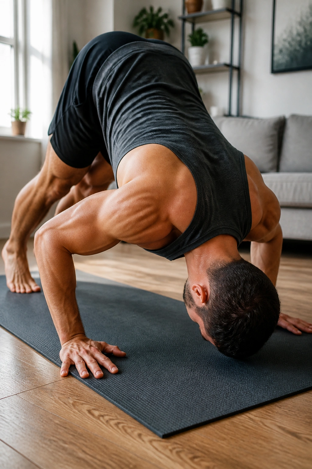 Real person performing pike push-ups emphasizing shoulder press on a mat