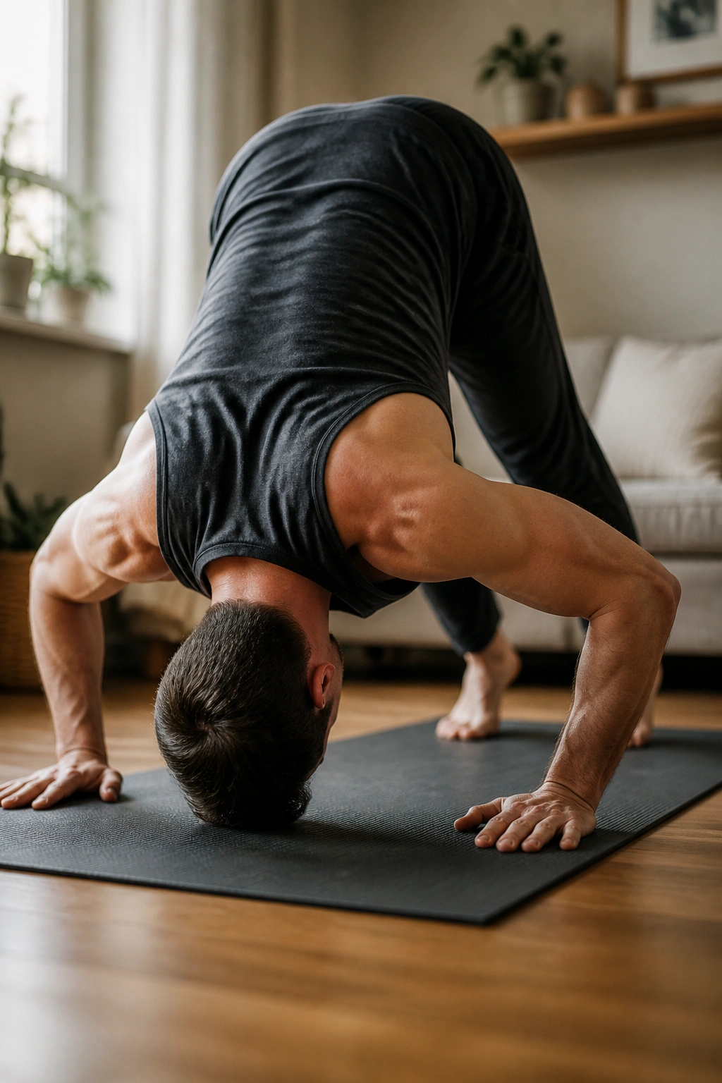 Close-up of a person doing pike push-ups highlighting shoulder strength