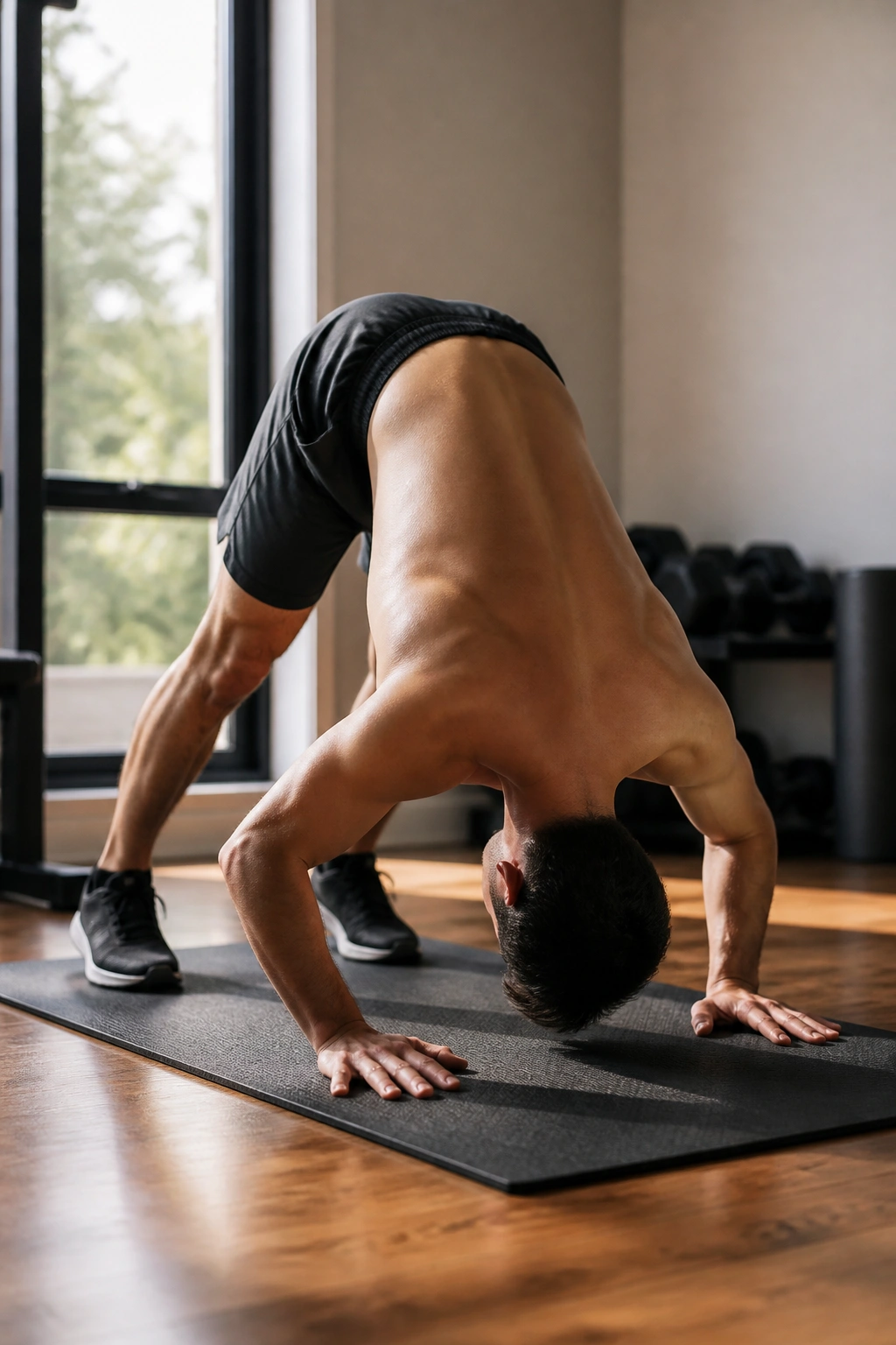 Real person in a pike push-up position focusing on shoulders and triceps