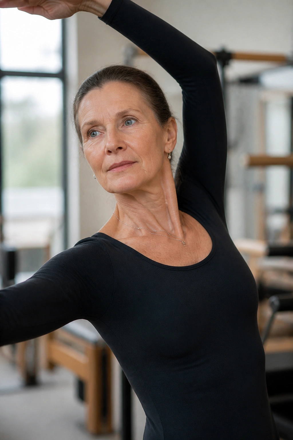 Portrait of Margaret Elizabeth performing a classical Pilates movement in an authentic studio.
