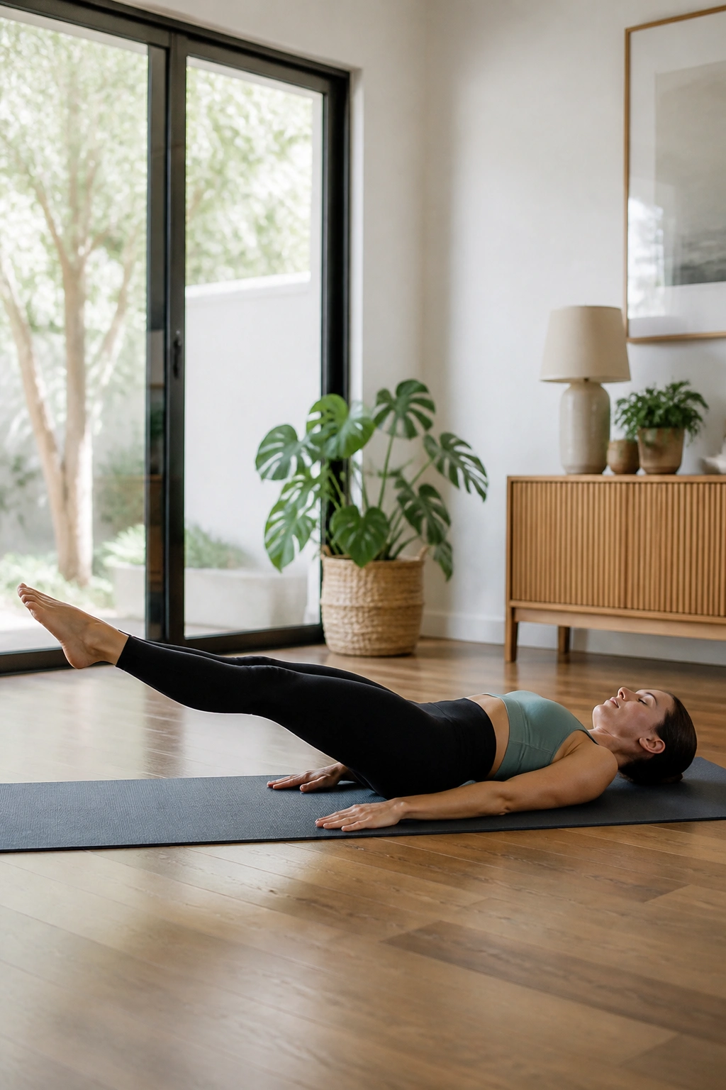 Real person on a Pilates mat performing leg-lowering core work