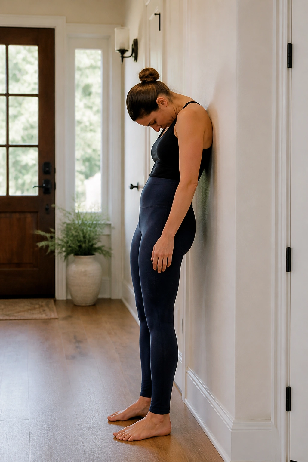 Full-body shot of a person performing a standing roll-down posture reset against a wall in a bright home setting.