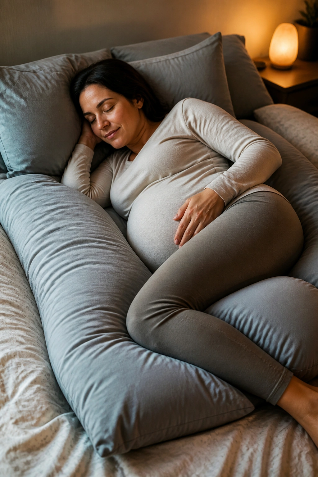 Pregnant person in bed with a pillow nest supporting belly and knees