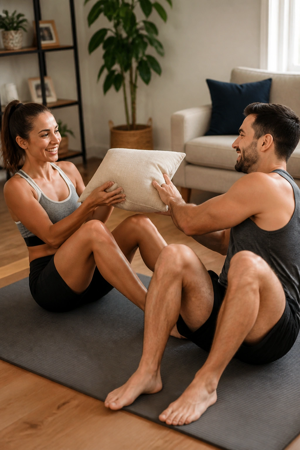 Two people passing a pillow between each other during sit-ups on a mat.