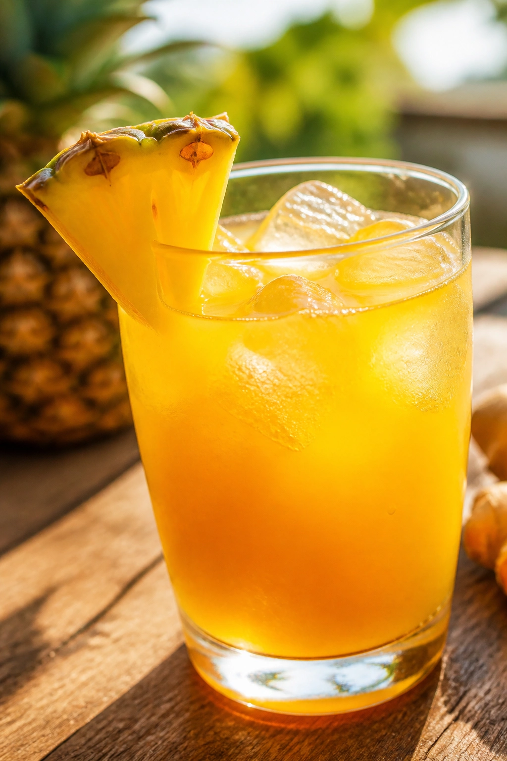 Glass of pineapple ginger turmeric cooler with pineapple wedge.