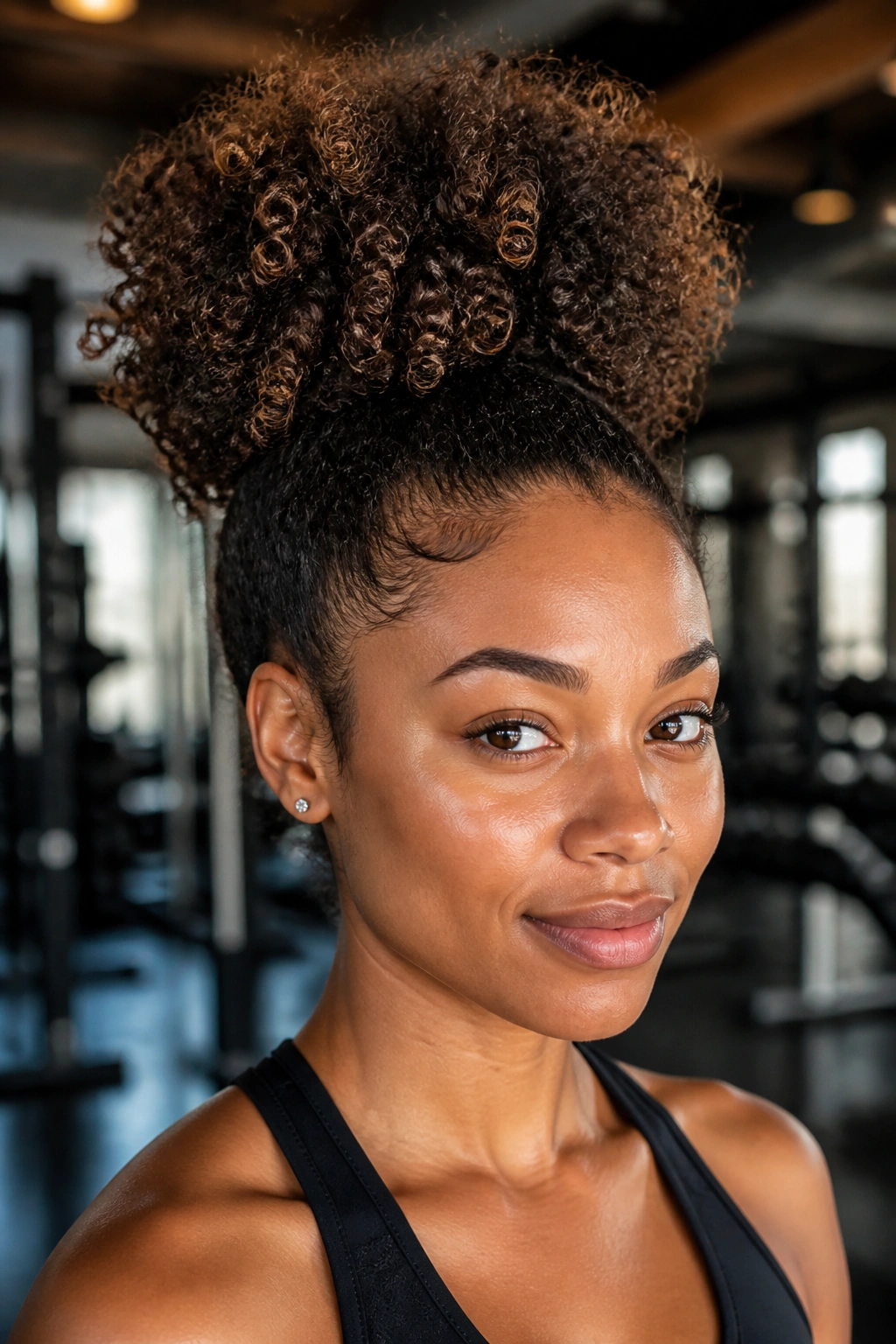 Close-up of a woman with a pineapple puff hairstyle during a workout