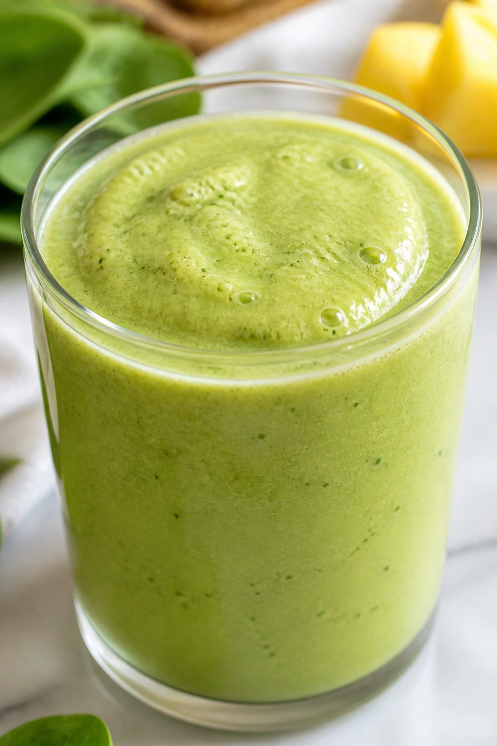 Close-up of a Pineapple Spinach Smoothie glass on a kitchen counter.