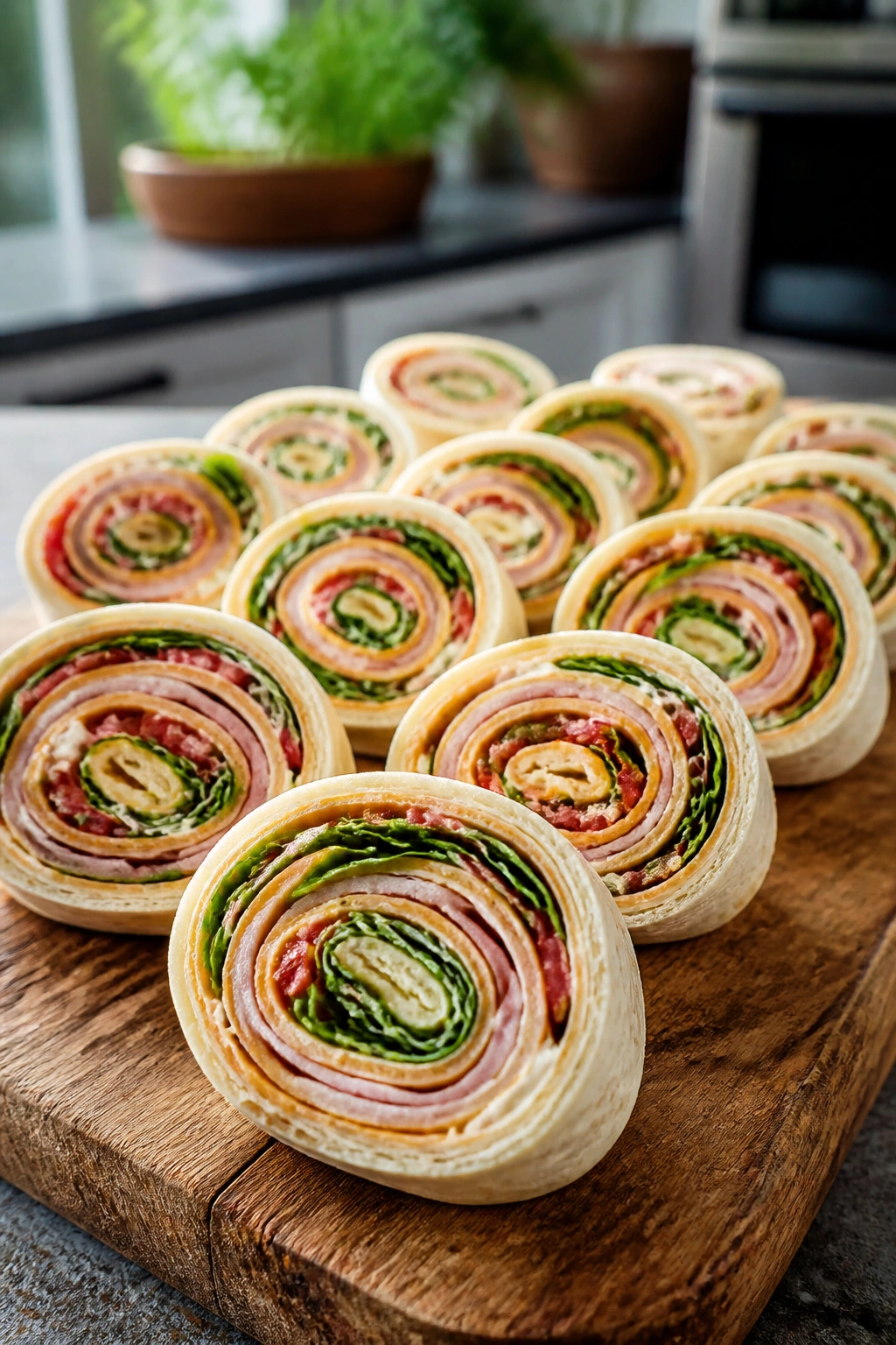 Close-up of pinwheel sandwiches on a wooden cutting board in a bright kitchen