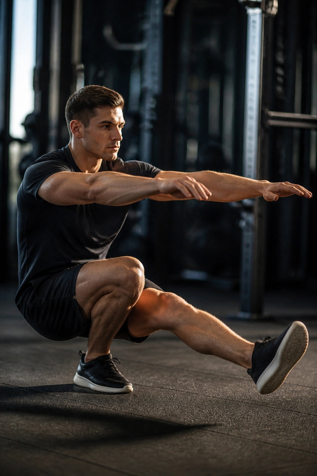 Athlete performing a pistol squat in gym