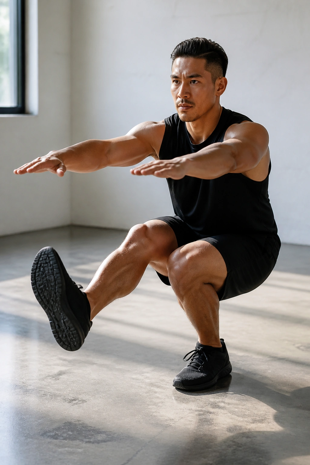 Close-up of a person performing a pistol squat with extended leg and balanced torso