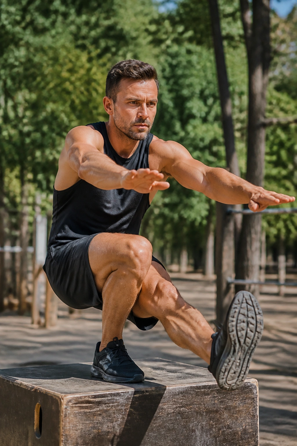 Person performing pistol squat in park setting