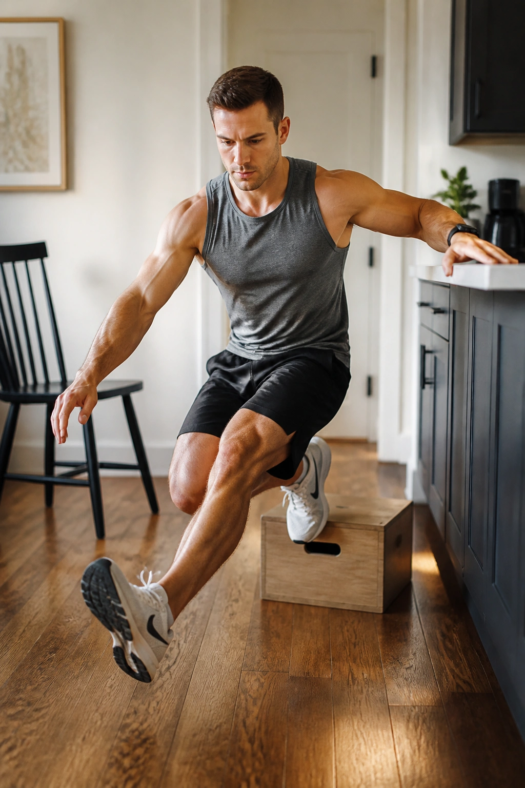 Real person performing chair-assisted pistol squat to a box in a home gym corner, single-leg squat with balance support