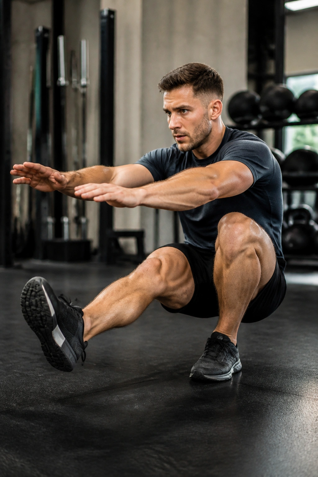 Lifter performing pistol squat on one leg in gym