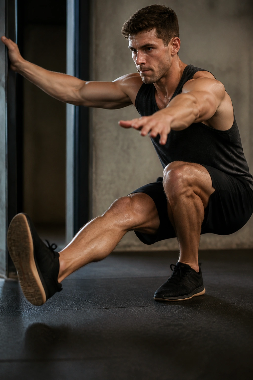 Close-up of a real person balancing on one leg during a pistol squat, in a gym.