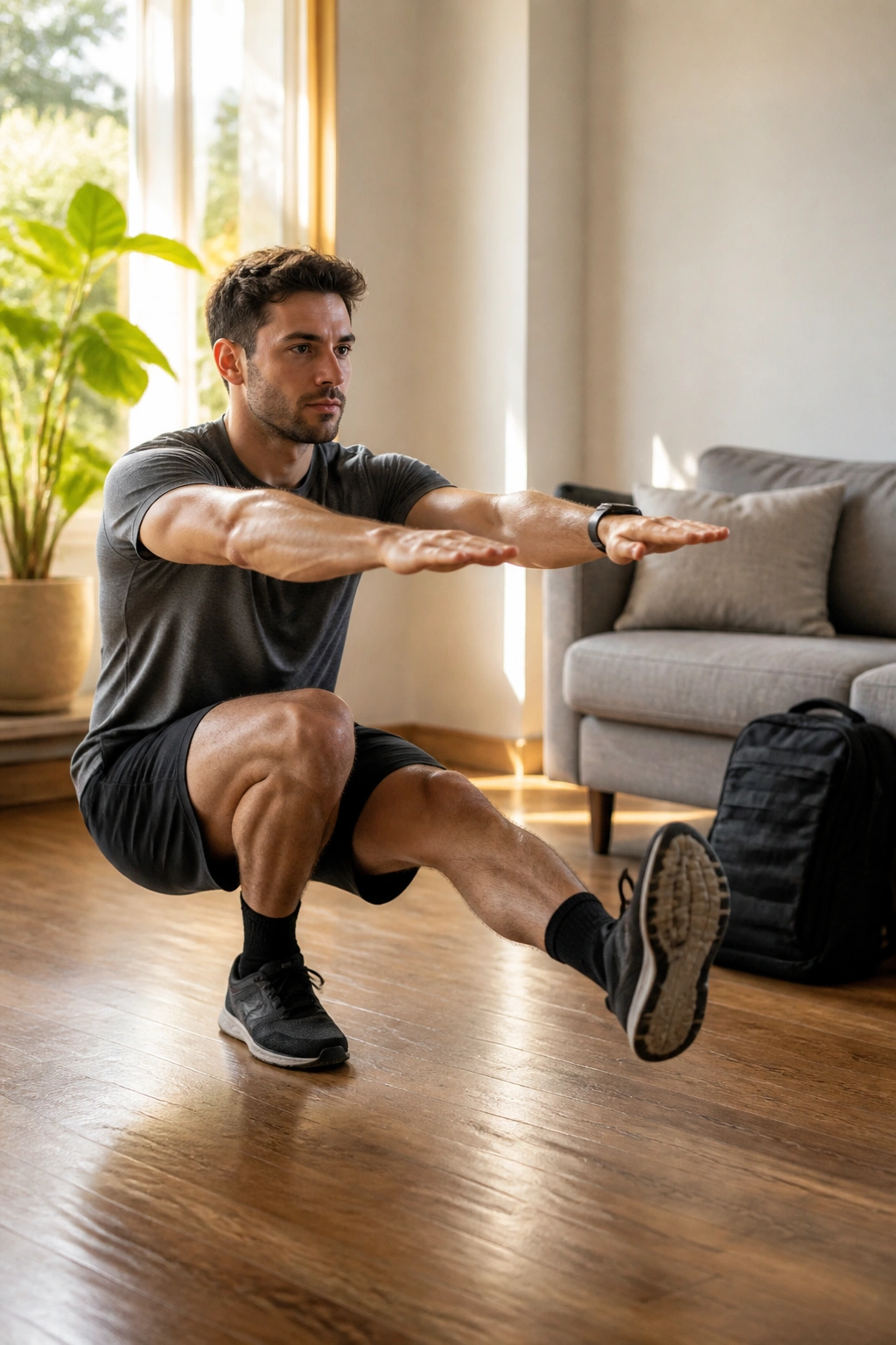Person performing pistol squat at home