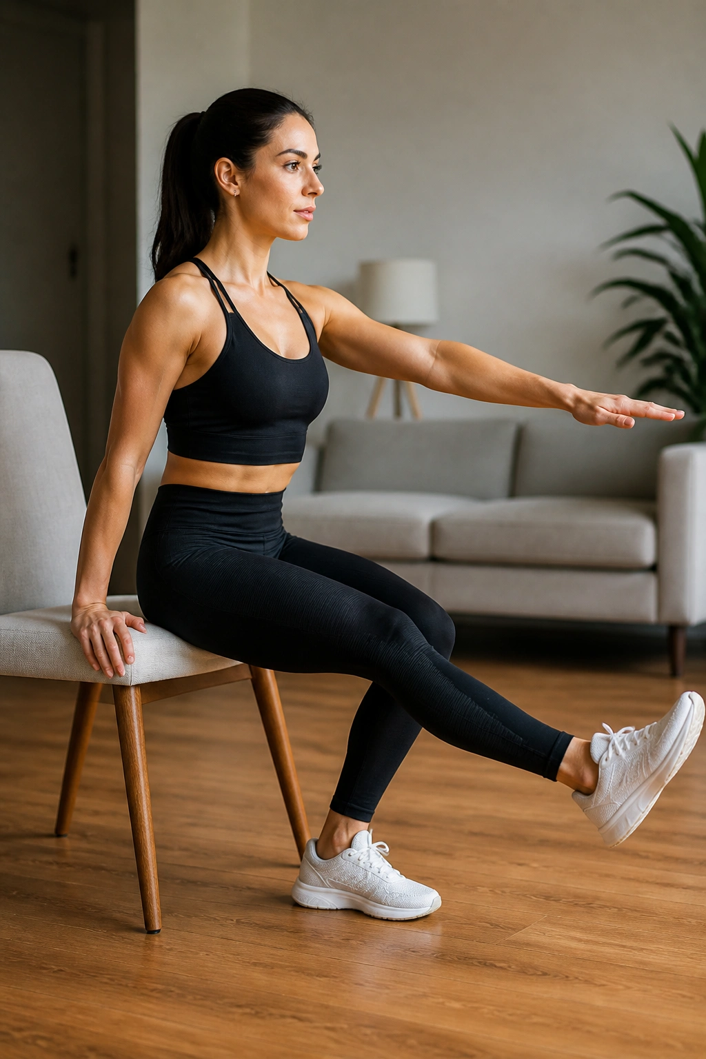 Person practicing pistol squat progression starting from chair seat.