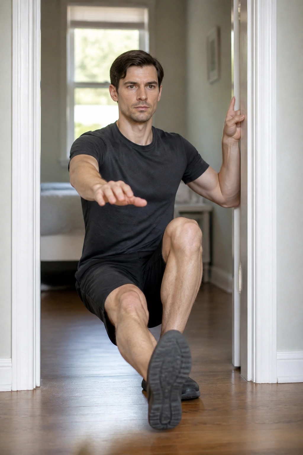Pistol squat progression with doorway support in home