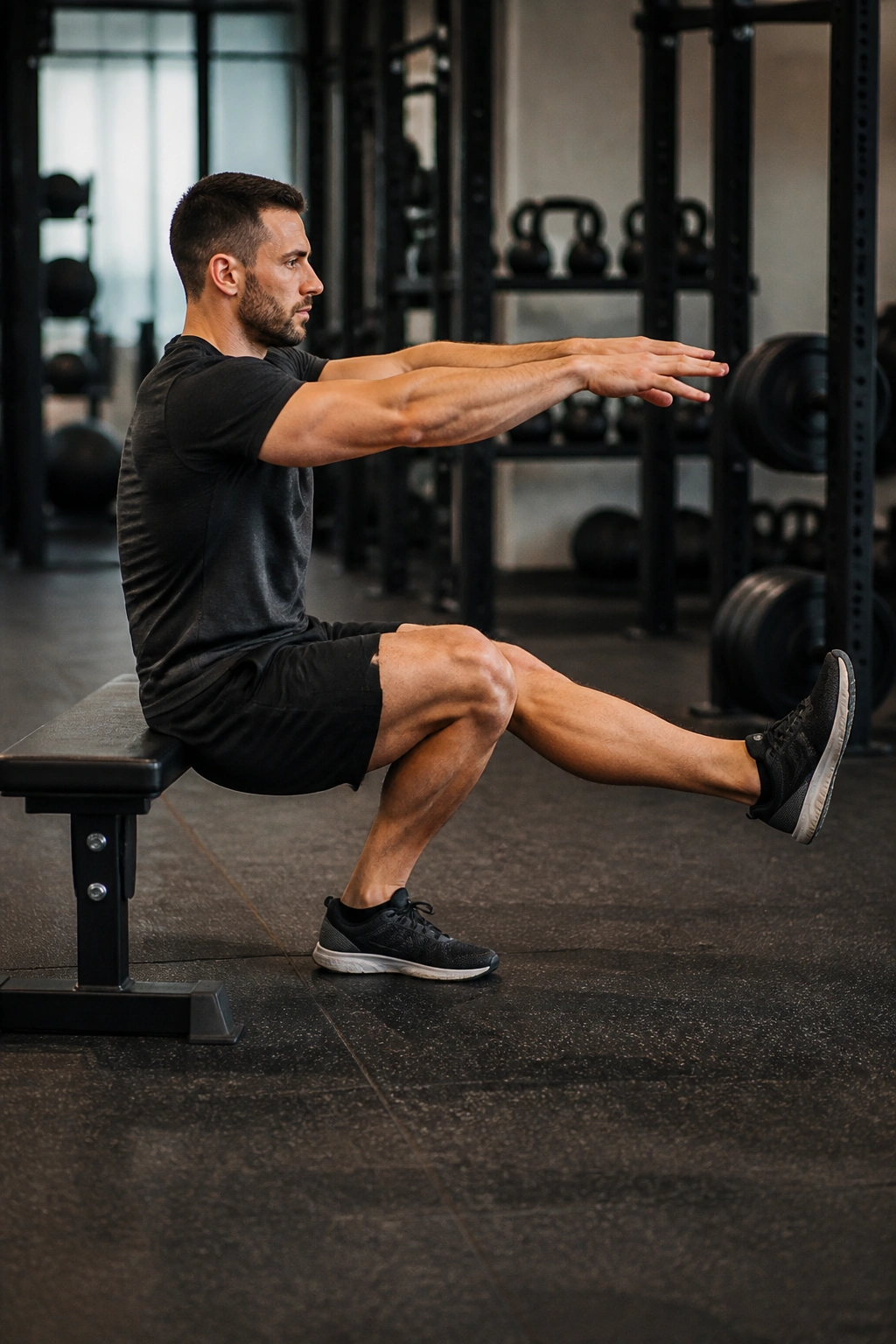 Athlete performing a pistol squat progression with a bench in gym