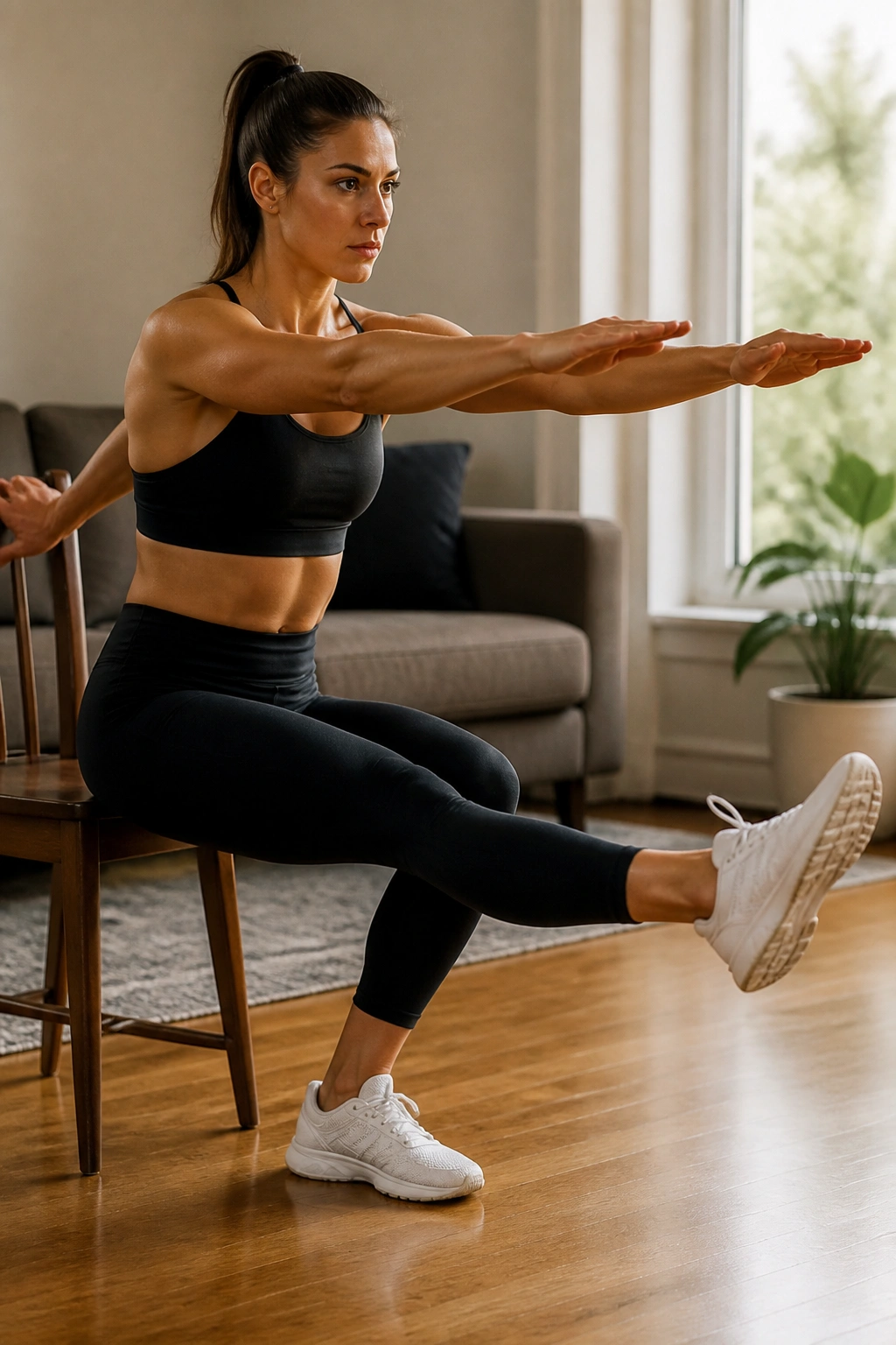 Real person performing pistol squat progression on one leg with chair for balance in a home living room