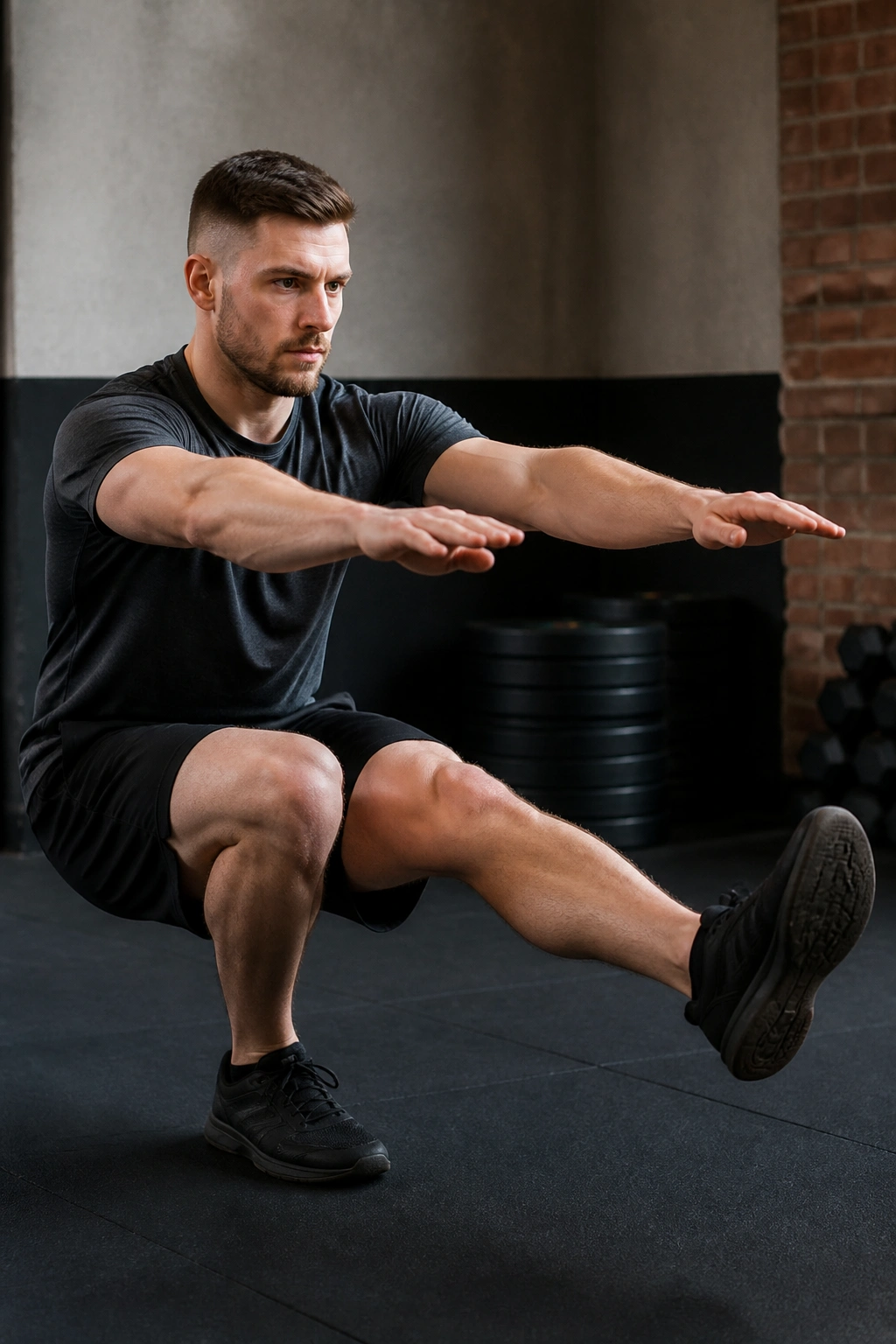 Athlete performing a pistol squat on one leg in gym corner.