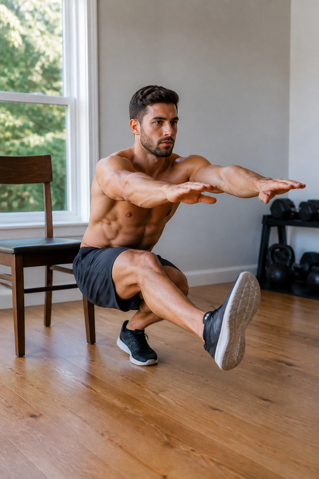 Athlete performing a pistol squat with extended leg in a bright home gym