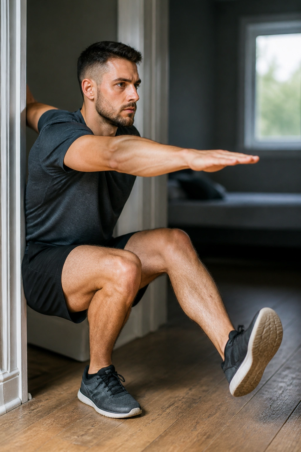 Close-up of a person performing pistol squats with balance aid