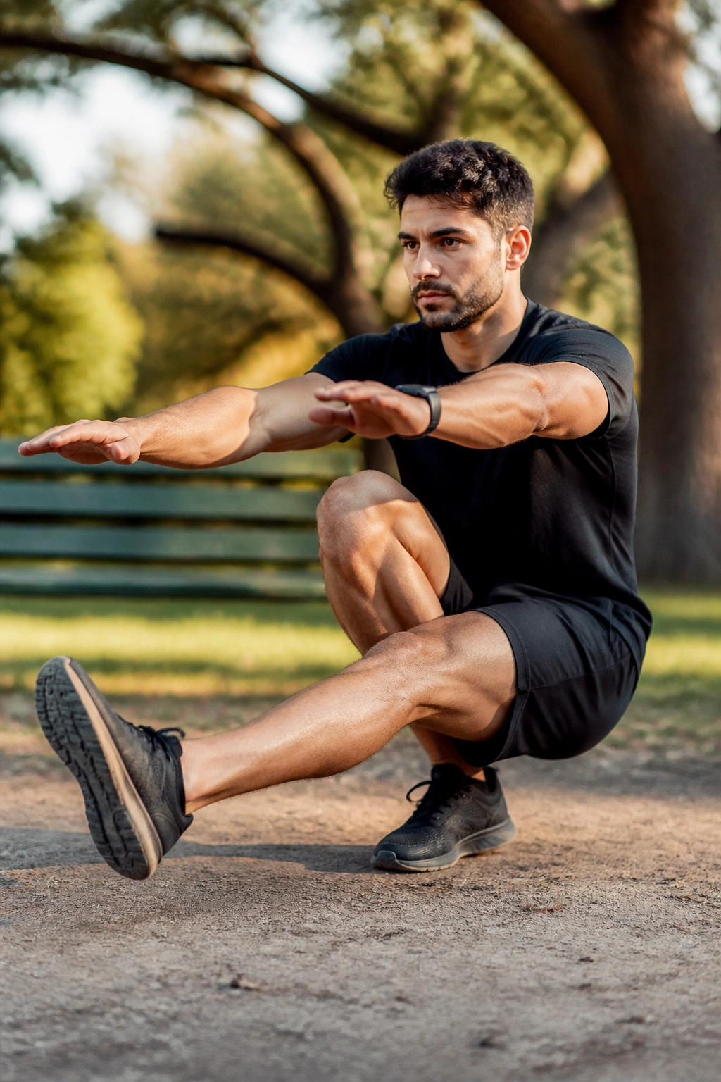 Portrait of a person performing a pistol squat outdoors, balancing on one leg.