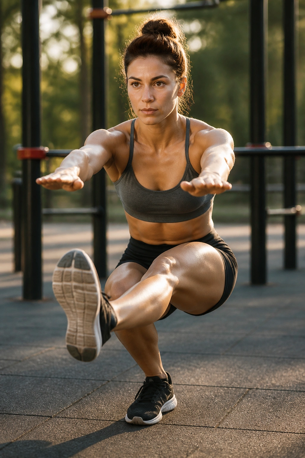 Close-up of a person performing a pistol squat on one leg