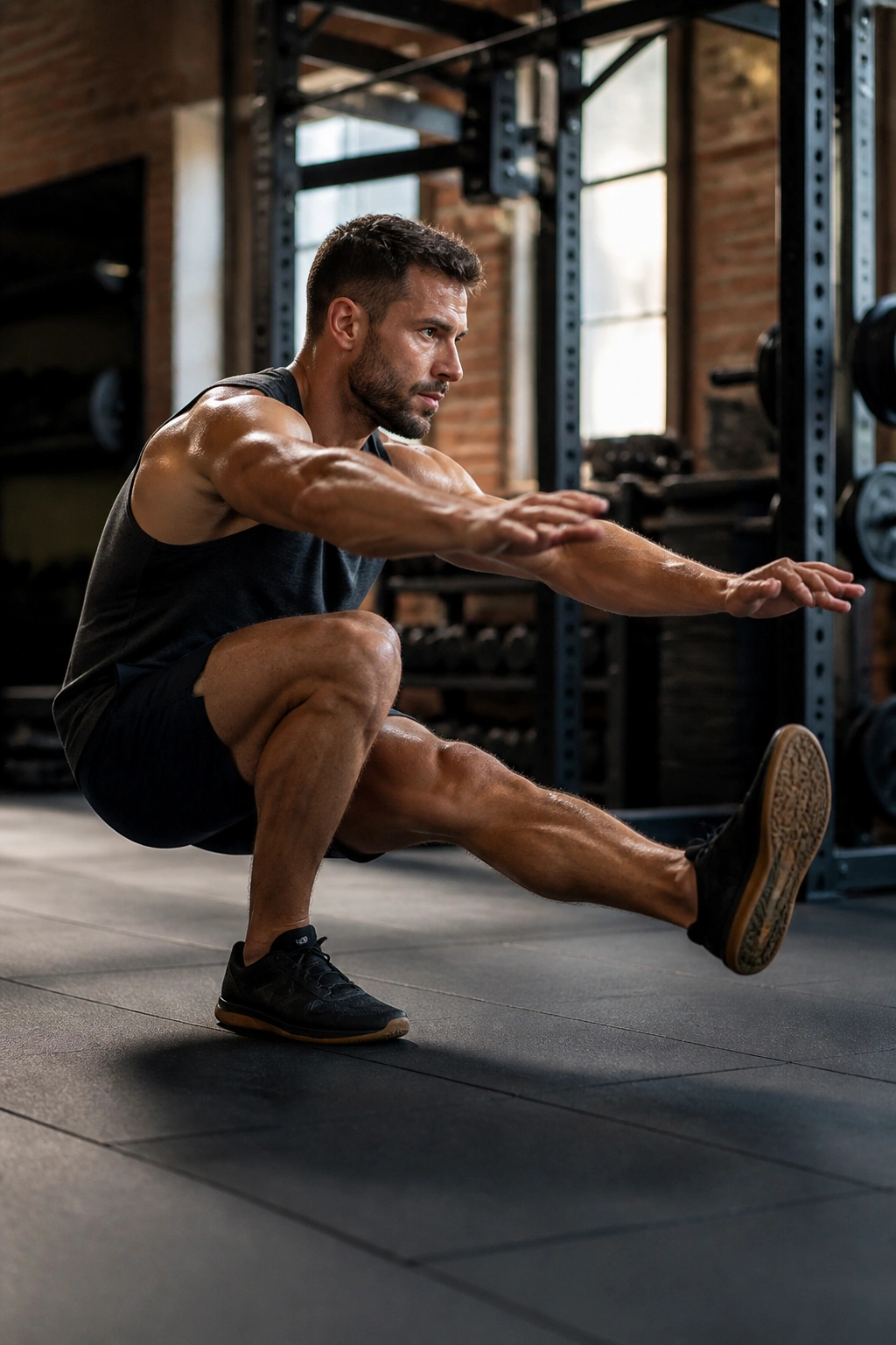 Real person performing a pistol squat in gym