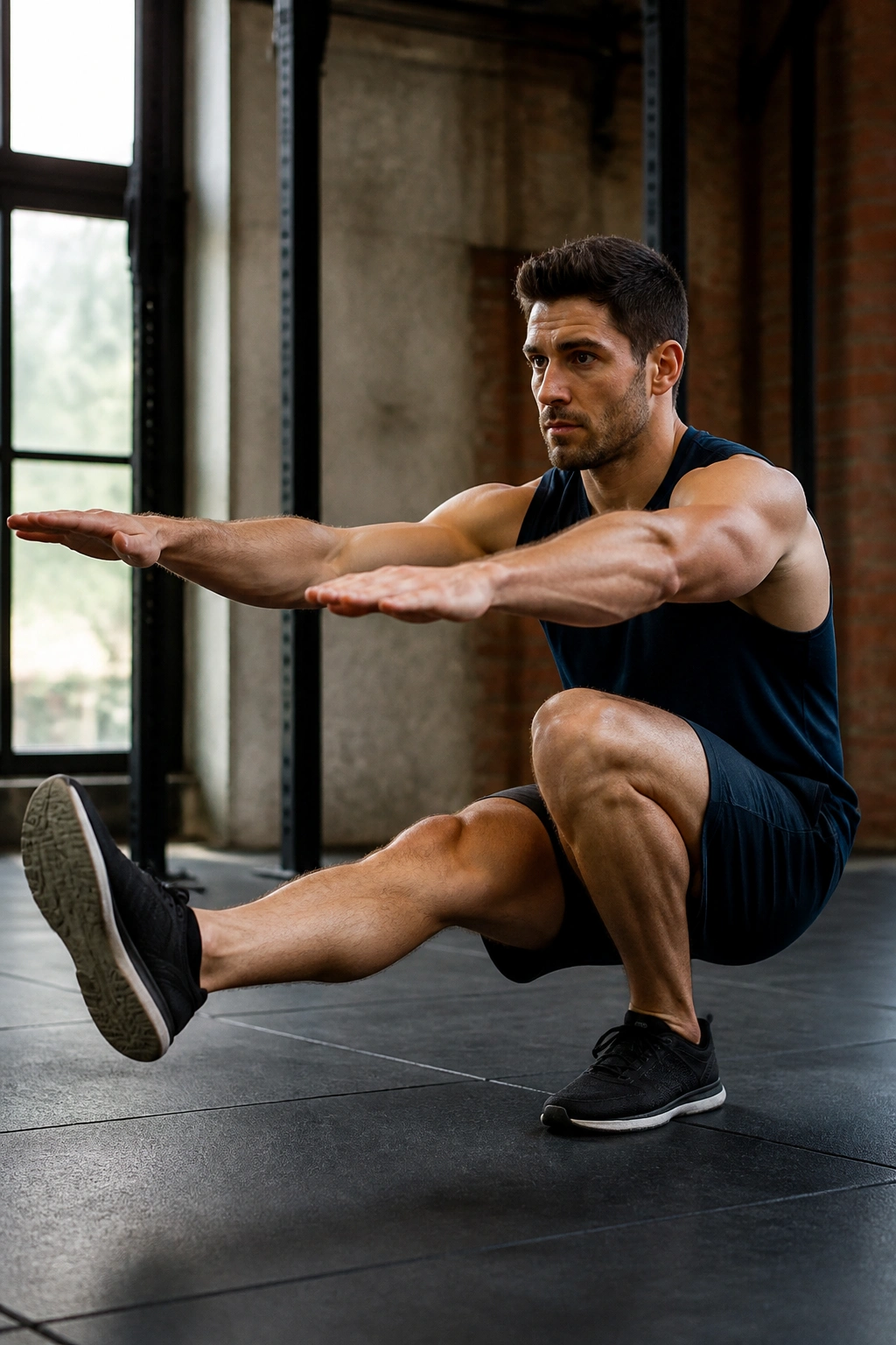 Close-up of a person doing a pistol squat on one leg in a gym