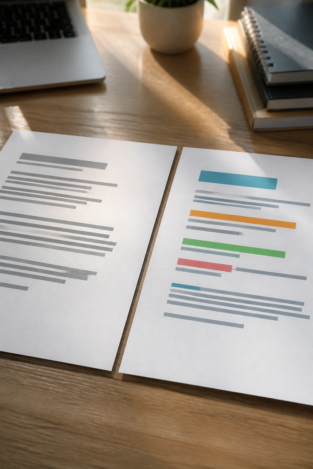 Two sheets showing plain text vs rich text visual formatting blocks